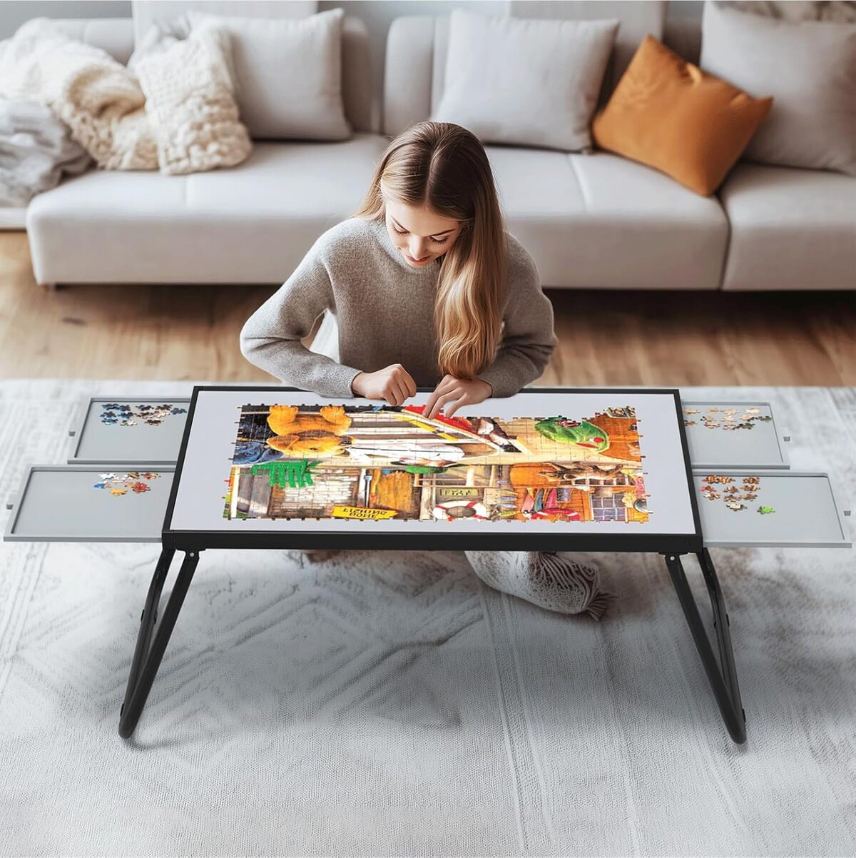 Test de la table de puzzle 1500 pièces avec tiroirs et pieds