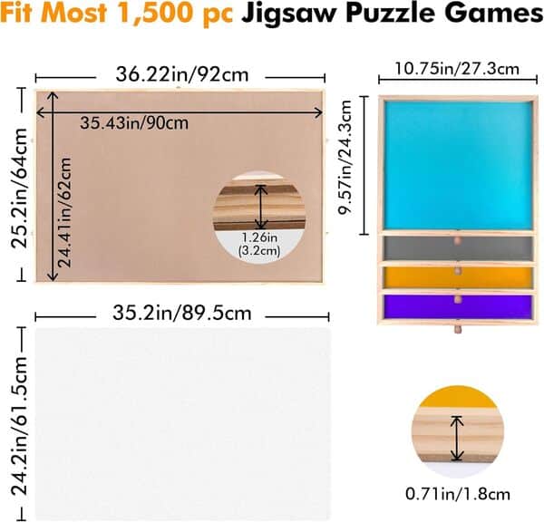 Sancallie Planche de puzzle inclinable en bois avec tiroirs, chevalet antidérapant en daim, accessoire de table pour jusqu'à 1 500 pièces avec 4 plateaux de tri, 91,4 x 63,5 cm