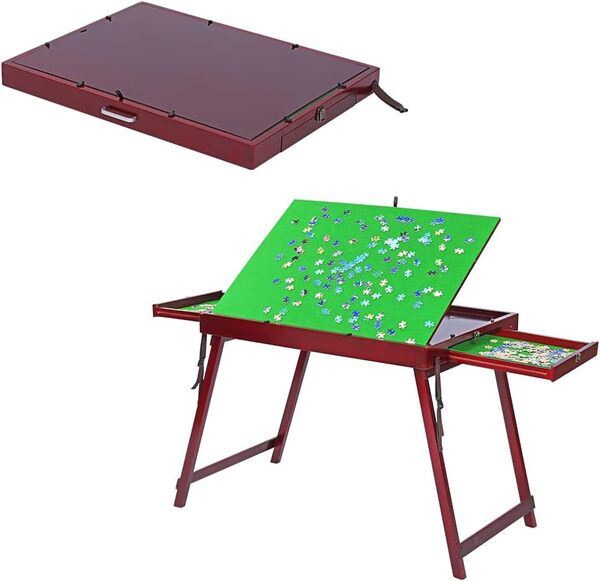Ynredee Table pliante en bois pour adultes et enfants, table de rangement pliable et inclinable avec planche à poser, plateau portable pour jeux, cadeau pour amateurs de puzzle (1 000 avec deux