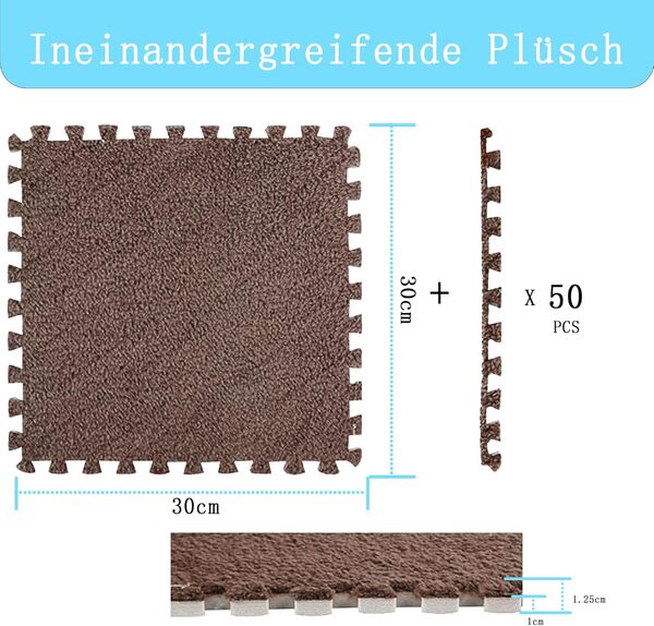 Lot de 50 tapis en mousse à emboîter en peluche - 30 x 30 cm - Dalles de sol emboîtables en mousse pour le jeu (café, 50 pièces)
