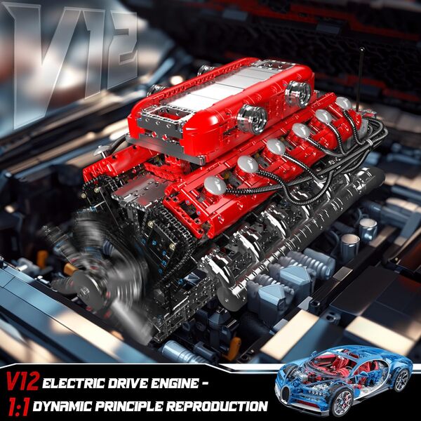 Mould King Kit de modèle de Moteur V12 Qui Fonctionne – Ensemble de Blocs de Construction motorisés avec Batterie et Changement de Vitesse, Jouet STEM de Construction de Voiture pour Adultes et