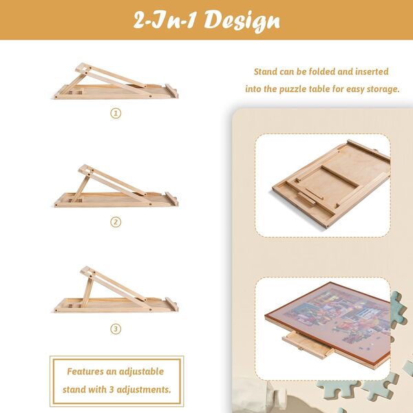 Tektalk Table de puzzle avec support réglable intégré et housse amovible, jusqu'à 1000/1500 pièces (avec barre en cuir et support réglable intégré)