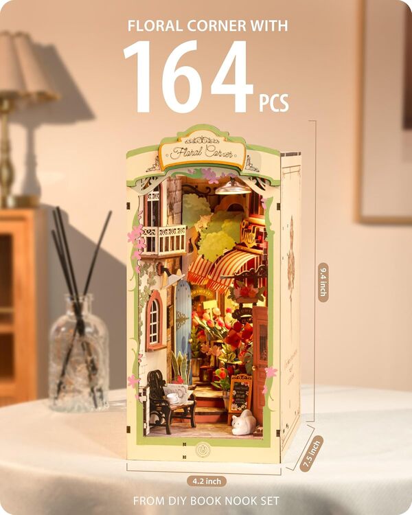 Wowood Kit de coin de livre à faire soi-même, coin floral, kit de bibliothèque miniature, serre-livres décoratif 3D, puzzle 3D pour adultes, loisirs créatifs, cadeaux, décorations
