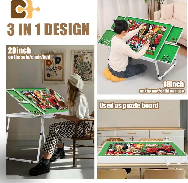Table de puzzle 2 en 1 en métal avec pieds en aluminium pour adultes et enfants, hauteur réglable, 46,4 cm, pliable avec tiroirs, feutre et housse