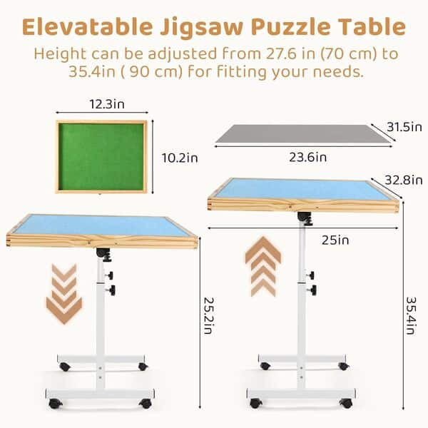 Table pliante en bois pour adultes et enfants, table inclinable de rangement avec roues et housse, plateau portable pour jeux, cadeau pour amateurs (bleu, 1 500 pièces avec 2 tiroirs)