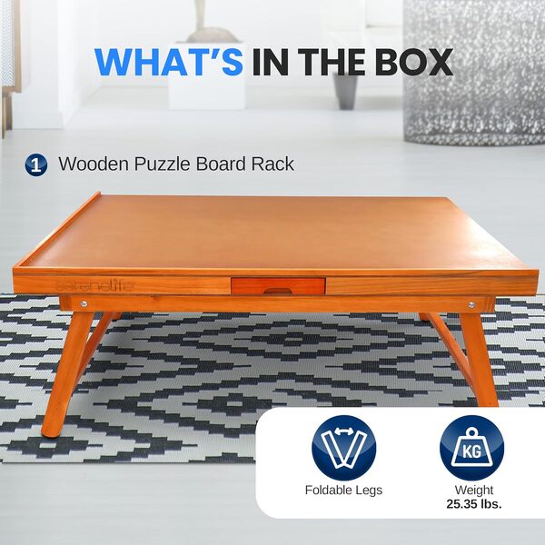 SereneLife Table de puzzle en bois avec 6 tiroirs de rangement coulissants amovibles et pieds pliables, plateau lisse, surface de travail en panneau de fibres et bois dur renforcé, pour jeux et