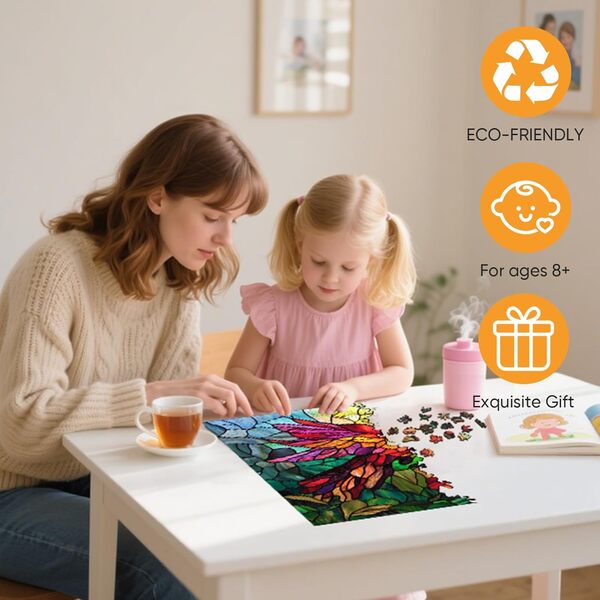 Mocfesk Casse-tête en bois pour adultes, colibri et fleurs en verre teinté de 499 pièces, puzzle de forme unique pour adultes et enfants, cadeau d'anniversaire, jeu familial, 41,9 x 41,5 cm
